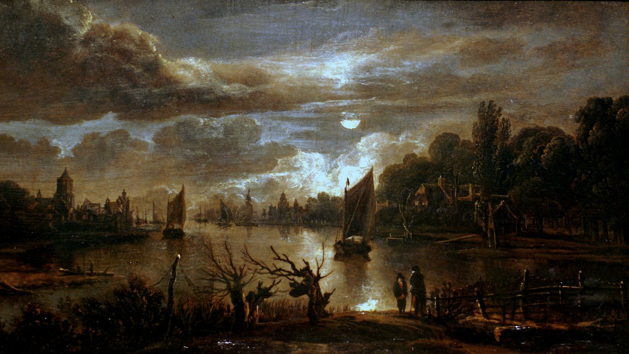 Duits: Mondscheinlandschaft mit breitem Kanal Maanverlicht landschap met een brede stroom door Aert van der Neer