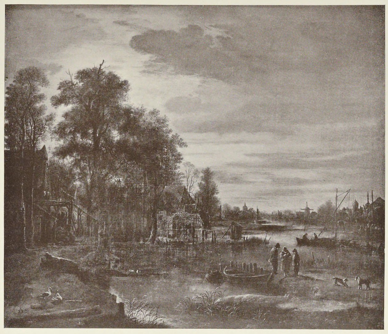 Rivierlandschap bij maanlicht met figuren door Aert van der Neer
