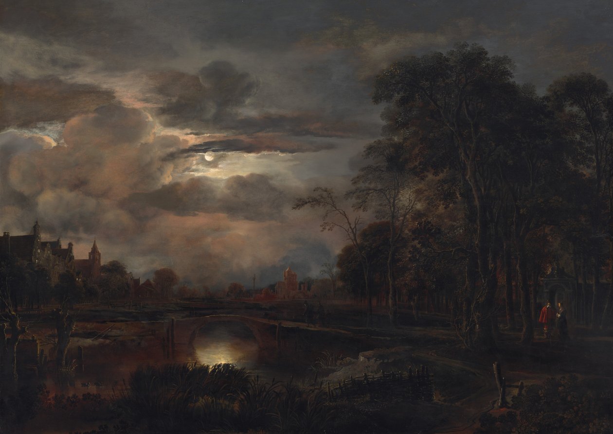 Maanverlicht Landschap met Brug, waarschijnlijk 1648-1650 door Aert van der Neer