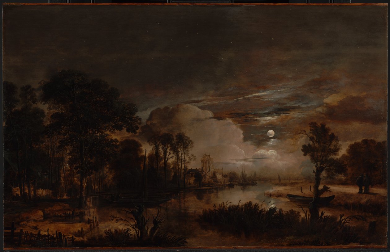Maanverlicht landschap met uitzicht op de Nieuwe Amstel en Kasteel Kostverloren door Aert van der Neer