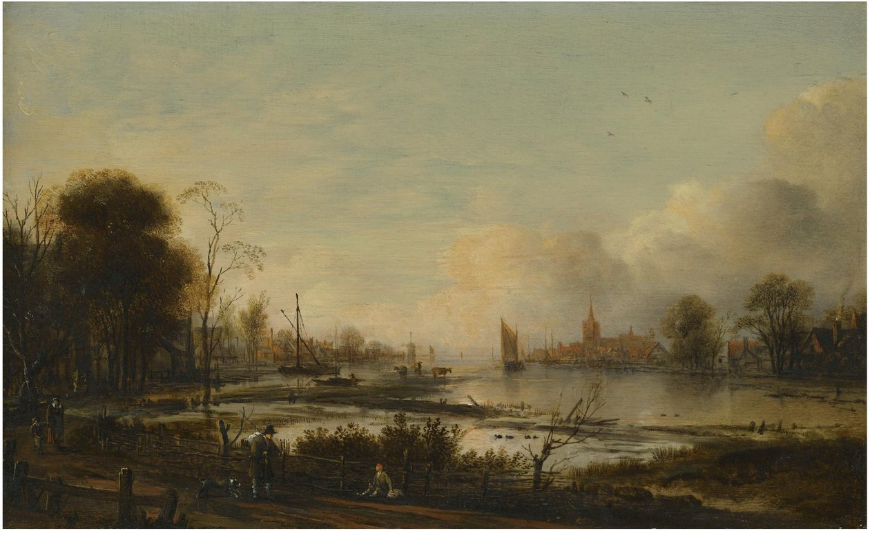 Rivierlandschap met figuren door Aert van der Neer