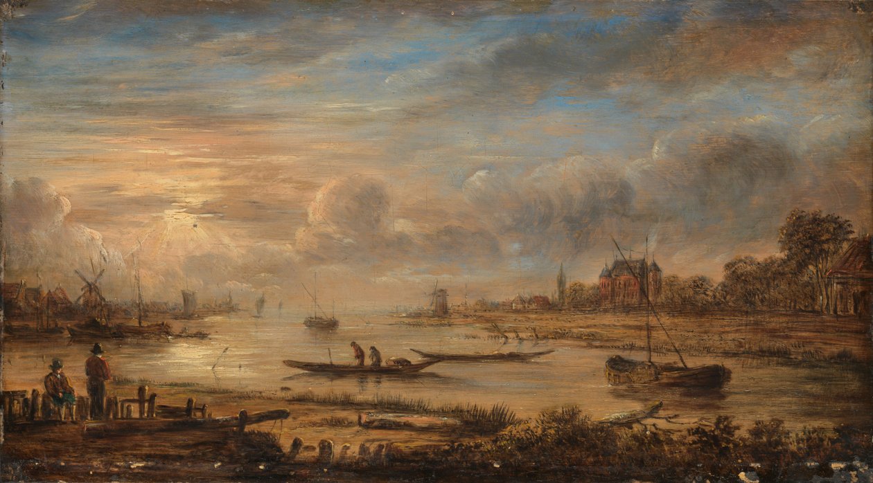 Riviergezicht bij zonsopgang, ca. 1640 (olieverf op paneel) door Aert van der Neer
