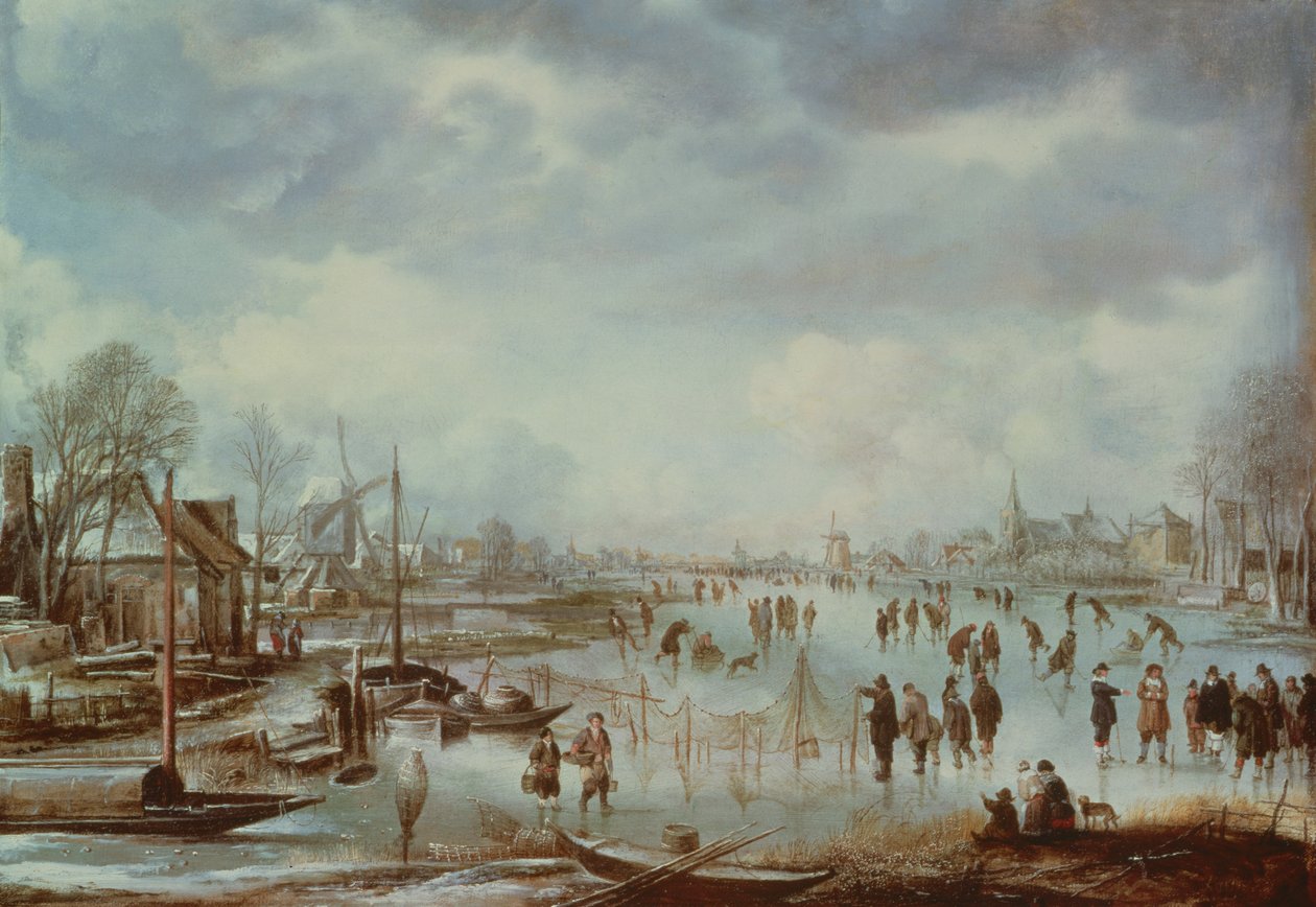 Winterscène met schaatsende figuren door Aert van der Neer