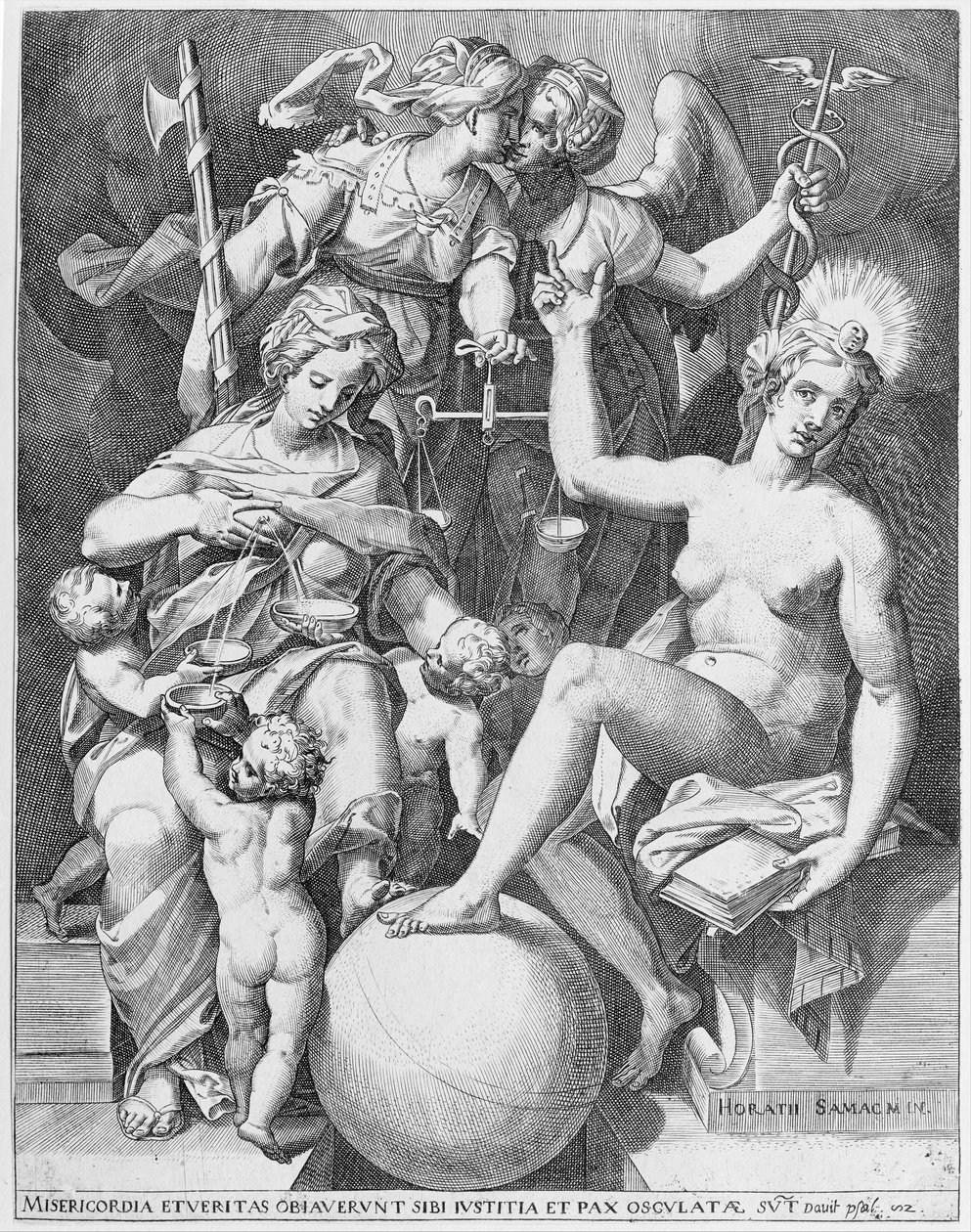 Allegorie van de Psalm van David, Misericordia zittend links voedt vier kinderen, 1579 door After Agostino Carracci.
