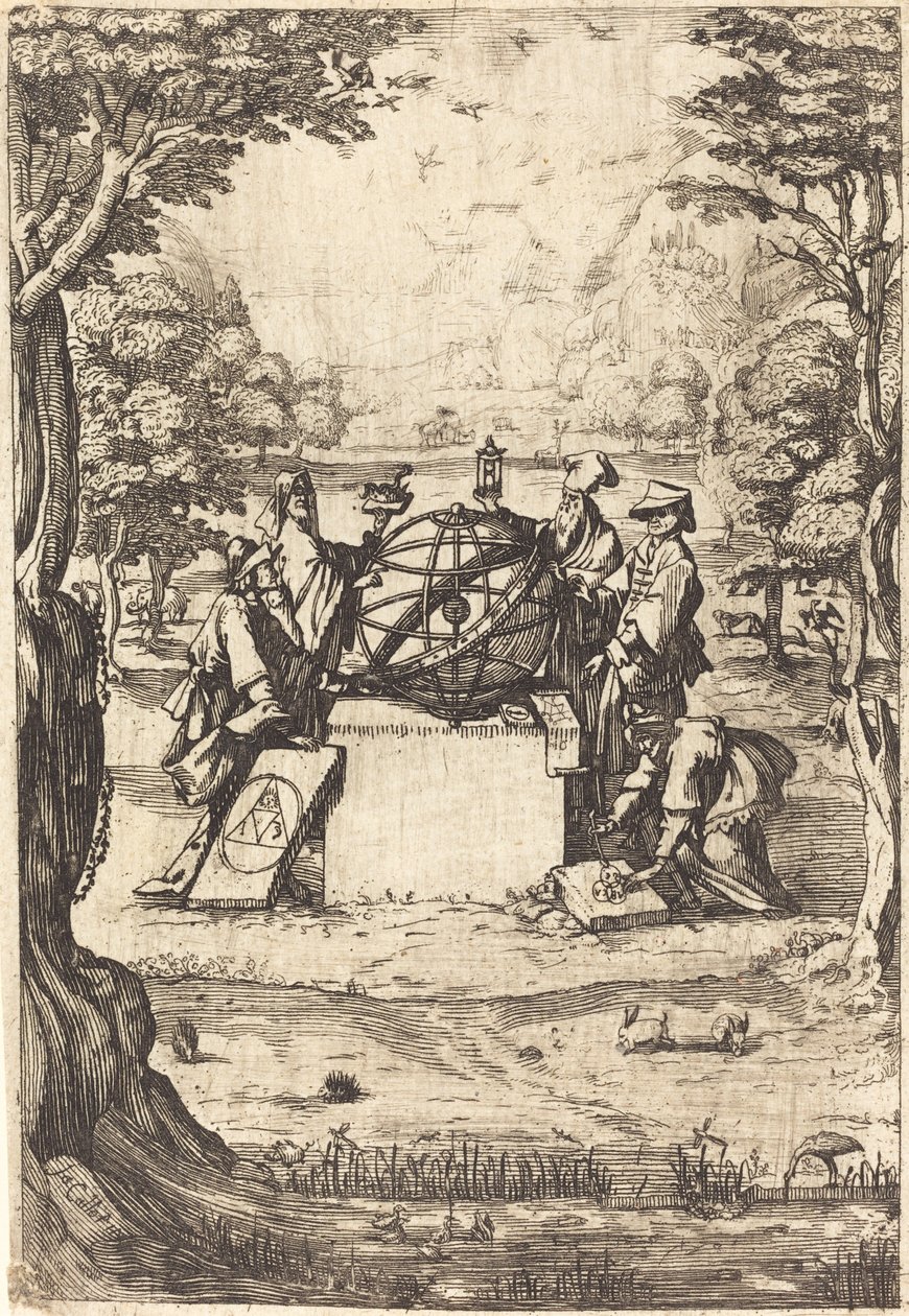 Frontispice voor de Heilige Cosmologia (Titel met astrologen) door After Jacques Callot