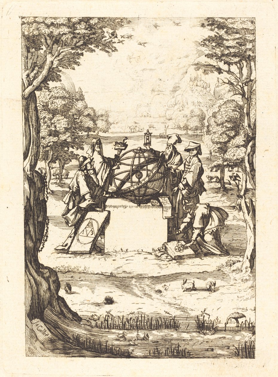 Frontispice voor de Heilige Cosmologia (Titel met astrologen) door After Jacques Callot