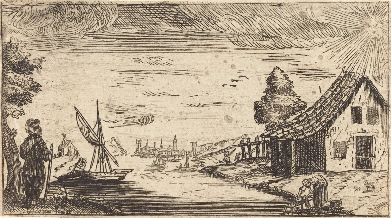 Landschap met figuur en boot door After Jacques Callot
