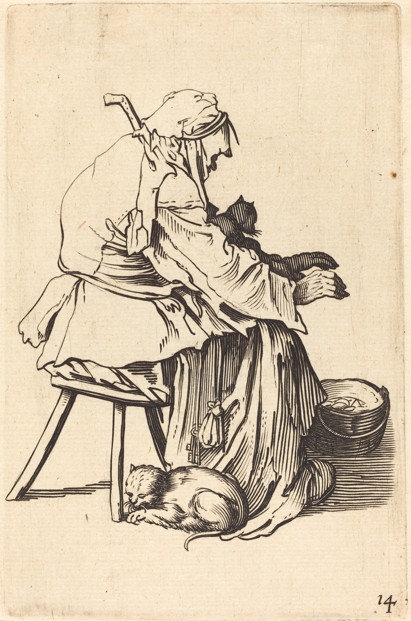 Oude Vrouw met Katten door After Jacques Callot