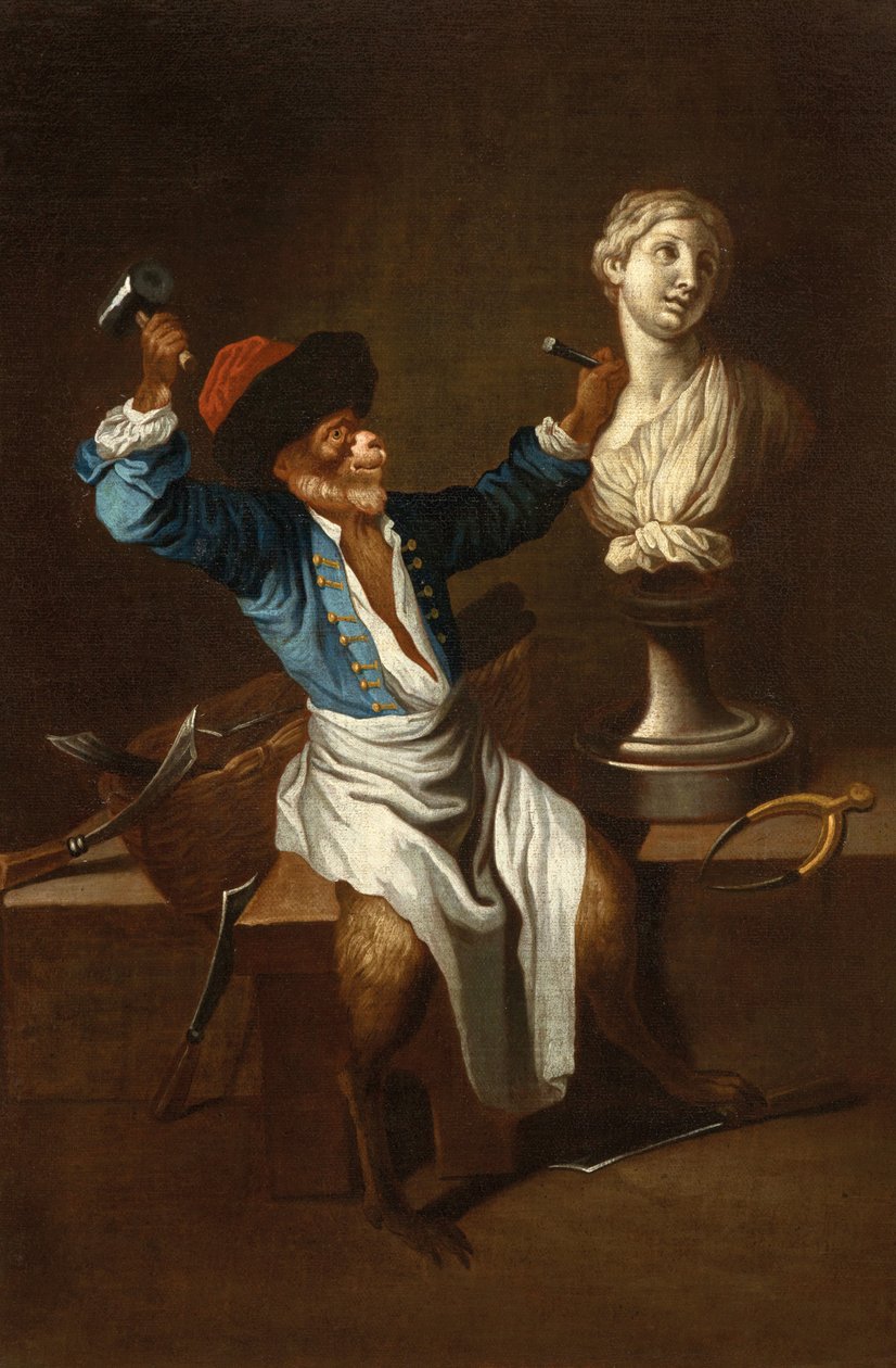 Een aap als beeldhouwer F 18Jh door after Jean Antoine Watteau