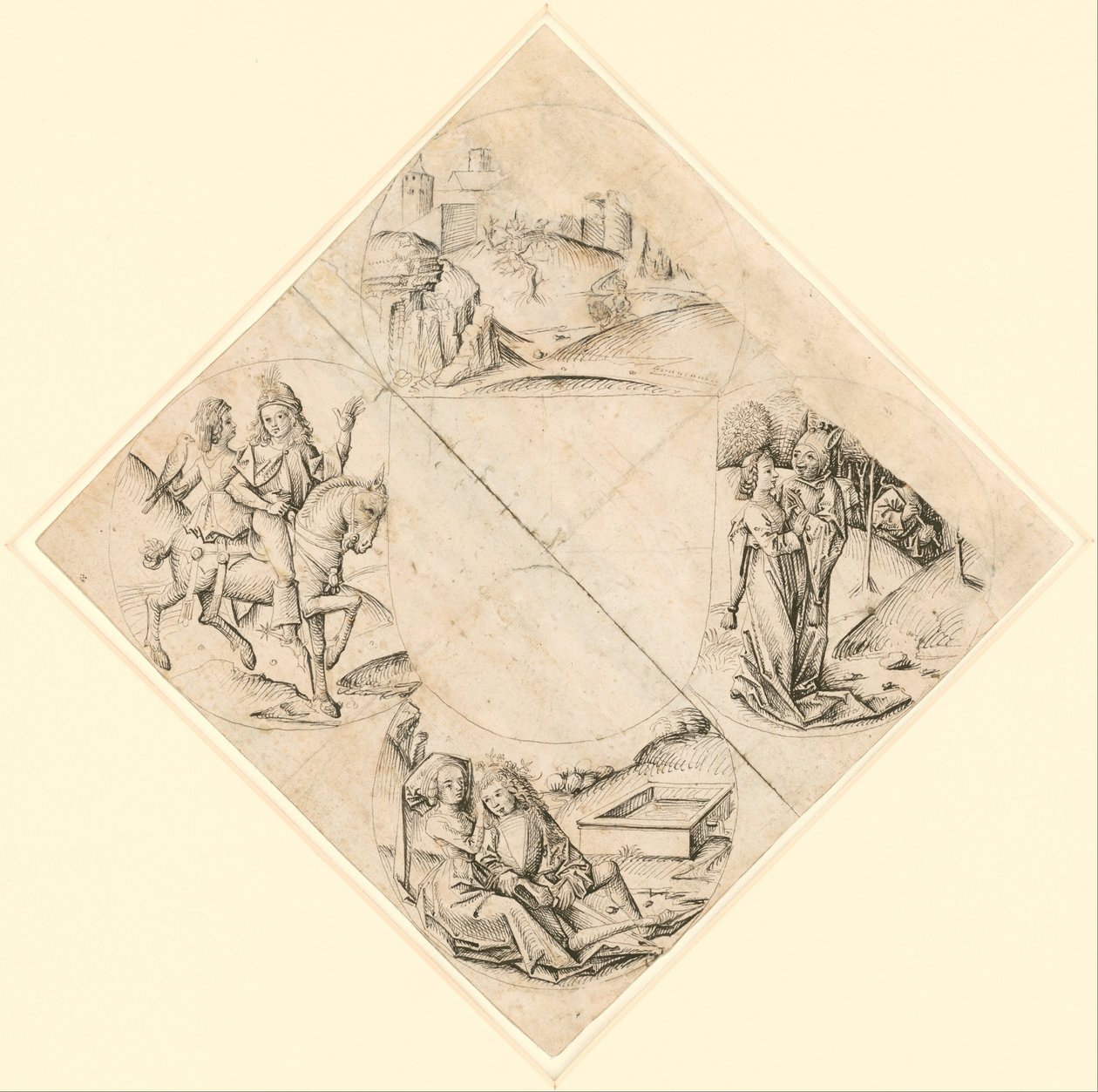 Ontwerp voor een vierpas met een kasteel, twee geliefden, een meisje verleid door een dwaas, een paar zittend bij een trog en een ridder en zijn geliefde op een paard door After The Master of the Housebook