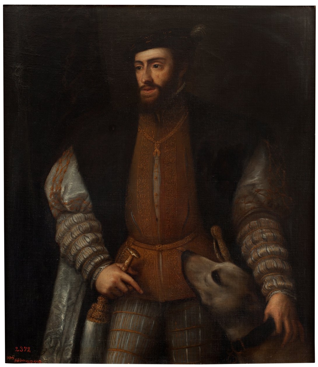 Spanish:  El emperador Carlos V con un perro De keizer Karel V met een hond door after Titian