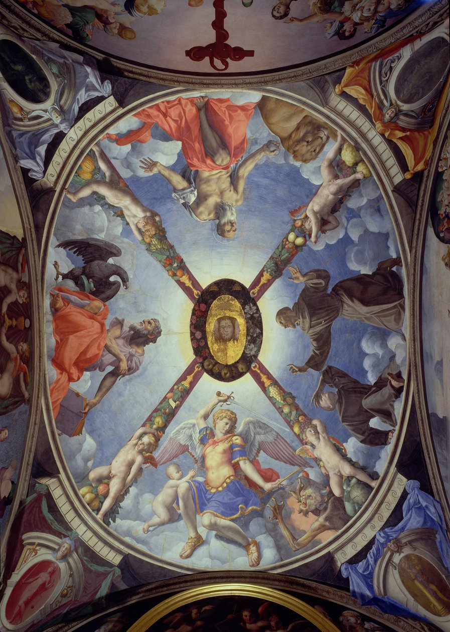 Het plafond van de kapel van Eleonora van Toledo met afbeelding van St. Michael Aartsengel die Satan overwint; St. Johannes de Evangelist; St. Hiëronymus; en St. Franciscus die de stigmata ontvangt, 1555 door Agnolo Bronzino