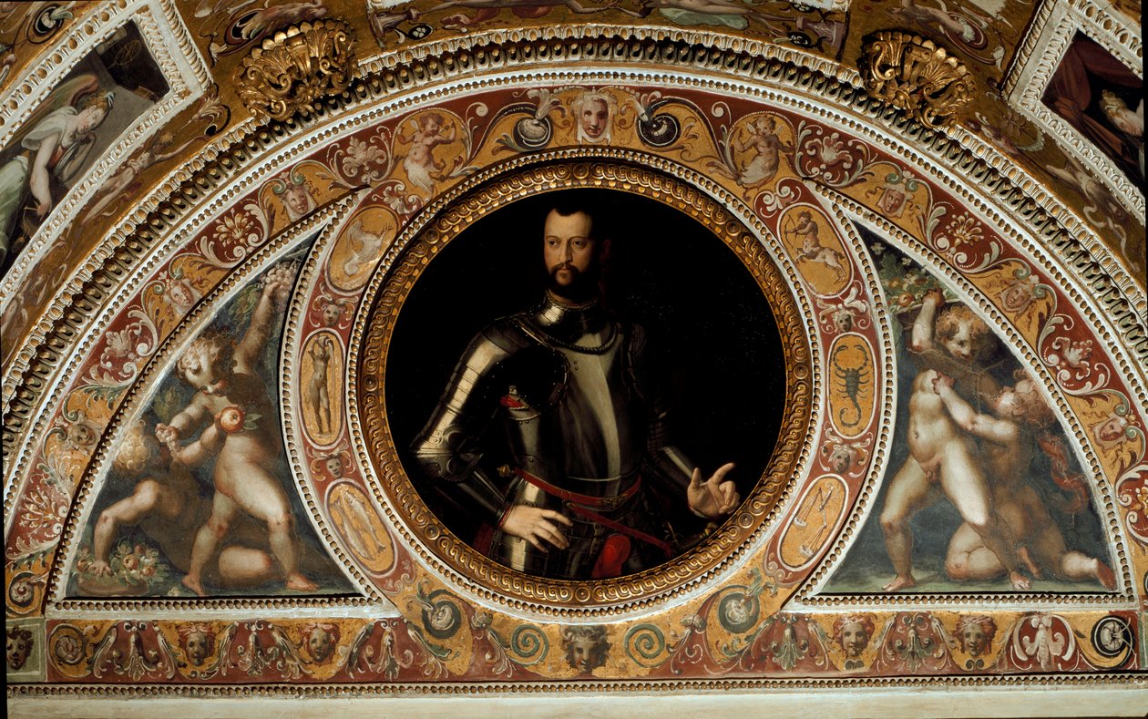 Portret van Cosimo I di Medici, Groothertog van Toscane en vader van Francesco I door Agnolo (after) Bronzino