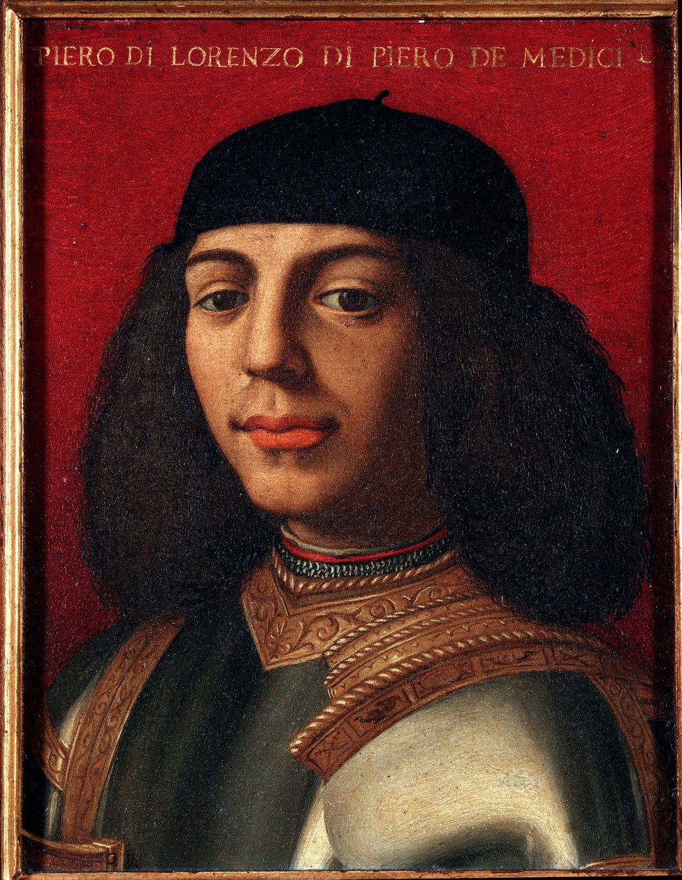 Portret van Peter II van Medici (1472-1503) (Piero di Lorenzo de Medici of Piero de Ongelukkige) Italiaanse politicus en militair, zoon van Lorenzo de Magnifieke Schilderij door Agnolo Allori genaamd de Bronzino (1503-1572), olieverf op koper Dim 15x12 cm door Agnolo Bronzino