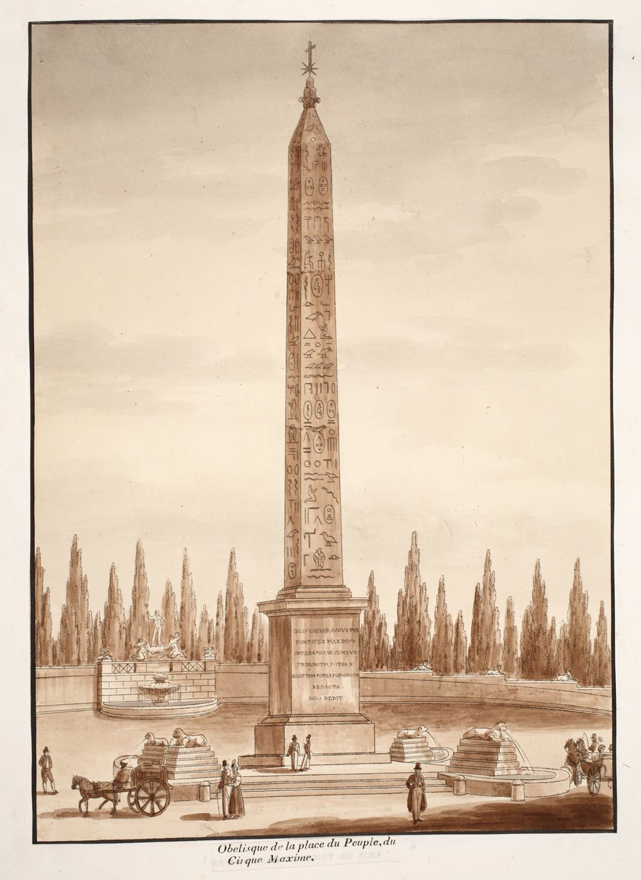 De Piazza del Popolo Obelisk, van het Circus Maximus, 1833 (ets met bruine was) door Agostino Tofanelli
