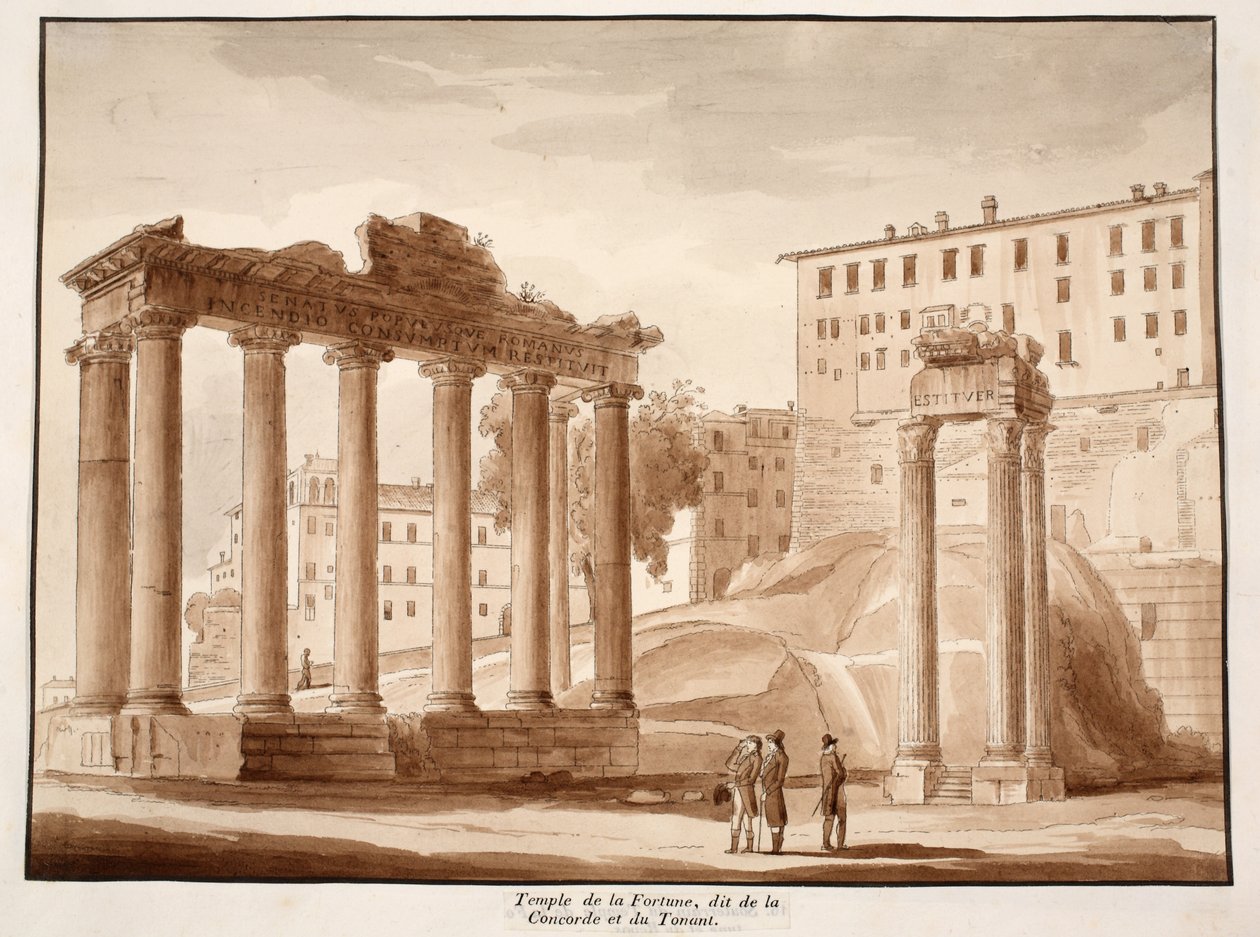 De Tempel van Fortuna, bekend als de Tempel van Concord en de Tempel van Jupiter Tonans, 1833 (ets met bruine was) door Agostino Tofanelli