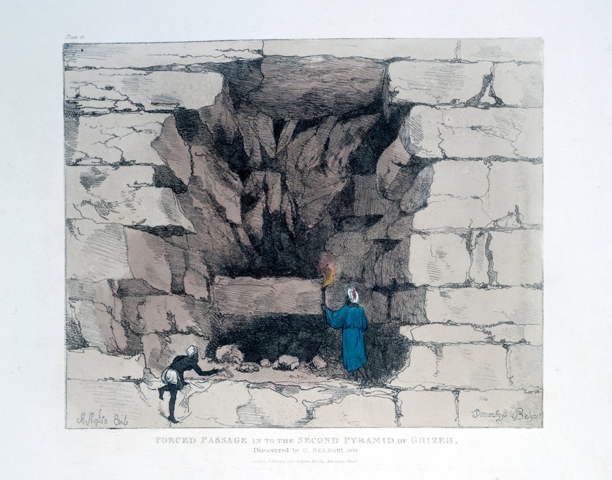 Gedwongen doorgang in de tweede piramide van Gizeh, Egypte, 1820 door Agostino Aglio