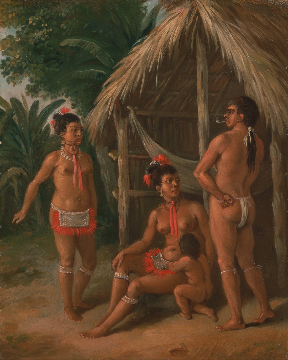 Een Caribisch gezin van de Benedenwindse Eilanden buiten een hut, ca. 1780 door Agostino Brunias