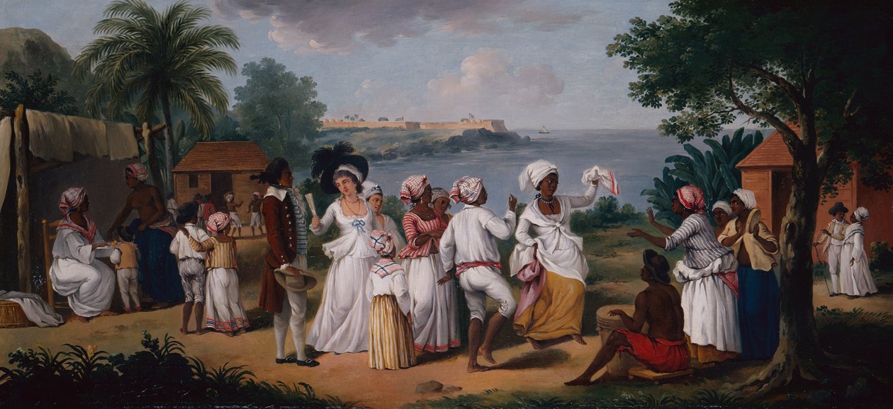Een dans van negers op het eiland Dominica, Fort Young op de achtergrond door Agostino Brunias