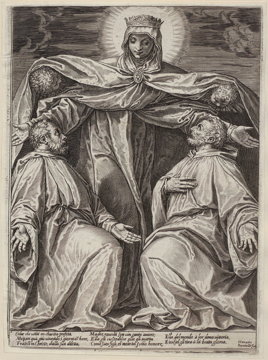 Een Madonna met beschermende mantel en twee broeders van de orde door Agostino Carracci