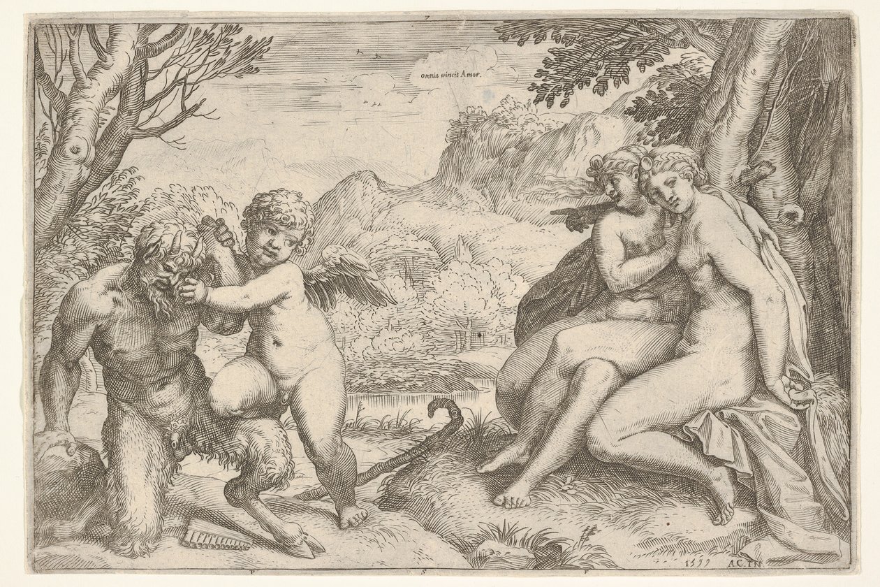 Liefde overwint alles Omnia vincit Amor, in een strijd met een sater door Agostino Carracci