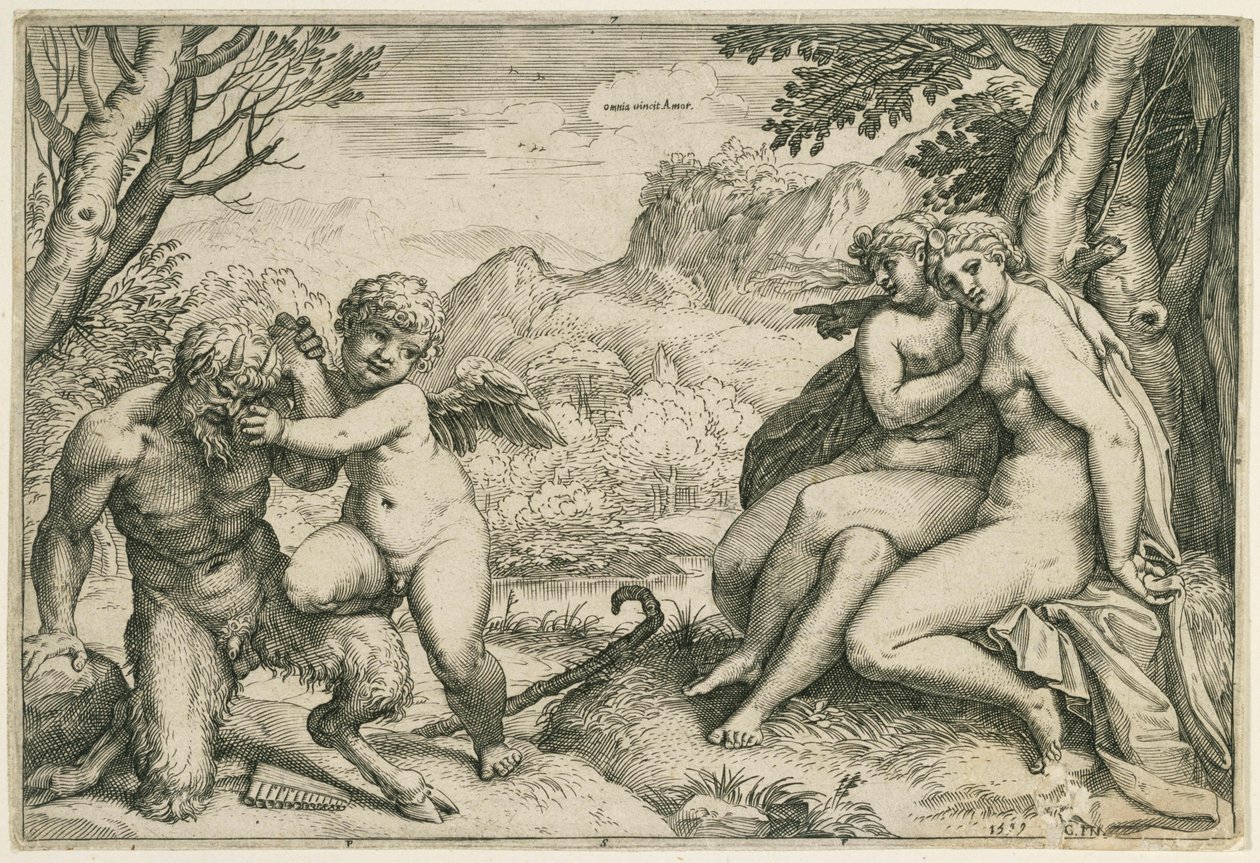 Omnia vincit Amor (Amor overwint Pan, rechts twee nimfen onder een boom, in een landschap) door Agostino Carracci