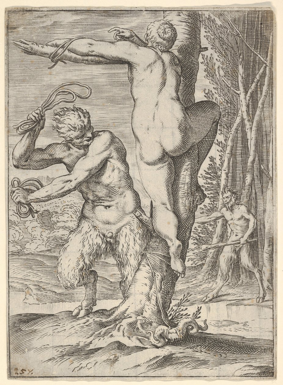 Sater geselt een nimf, die van achteren wordt getoond en aan een boom is gebonden, een tweede sater door Agostino Carracci