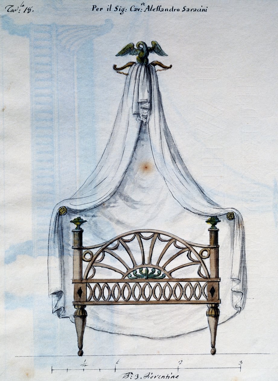 Hemelbed voor Alexander Saracenen, uit Lavori di falegname e Fabbro ideati e disegnati da me Agostino Fantastici (Werken van timmerman en slotenmaker bedacht en ontworpen door mij Agostino Fantastici), manuscript 3, plaat 18 (1782-1845) door Agostino Fantastici