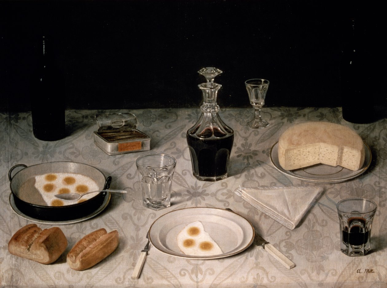 Stilleven met eieren, brood, kaas en wijn door Agostino Jose da Mota
