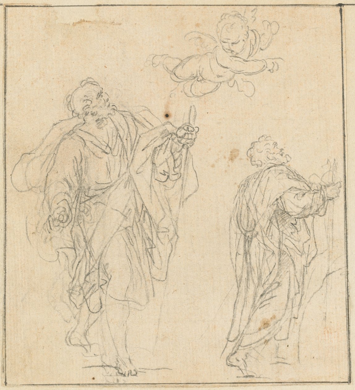 Een apostel geleid door een engel (zwart krijt op geschept papier) door Agostino Masucci