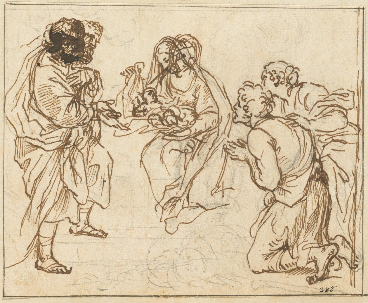 De aanbidding van de herders (zwart krijt met bruine inkt op geschept papier) door Agostino Masucci