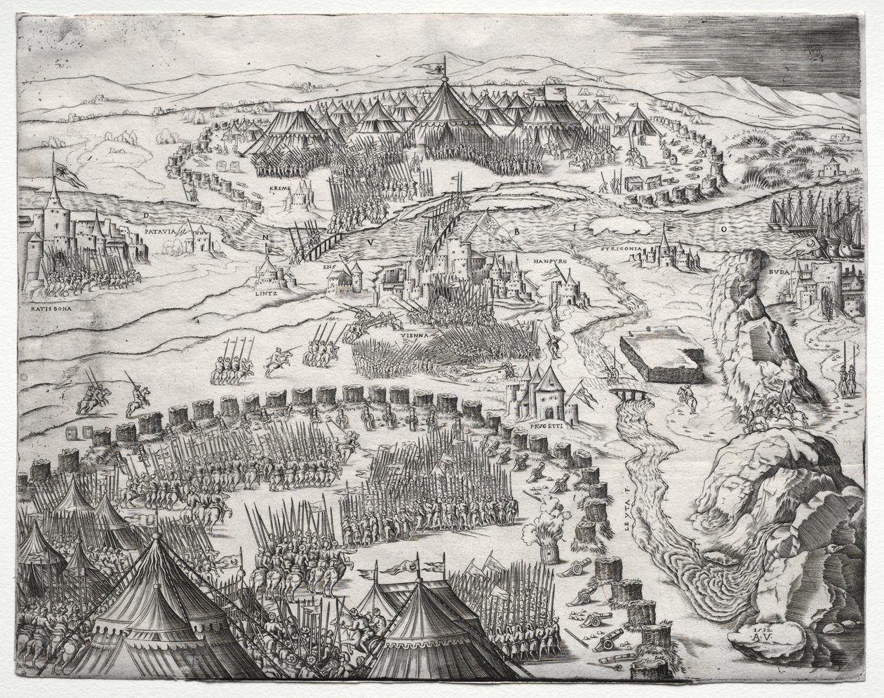 De Positie en het Kamp van de Legers van Karel V en Soliman II, 1532 door Agostino Musi