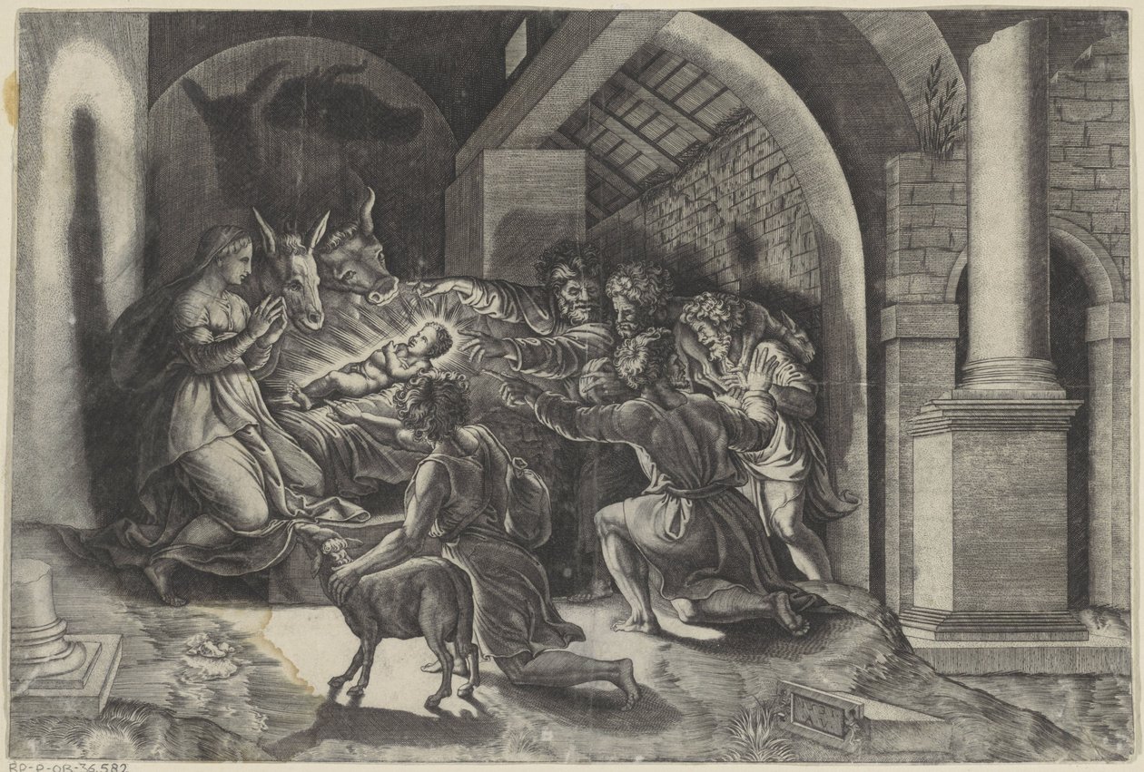 Aanbidding door de herders door Agostino Veneziano