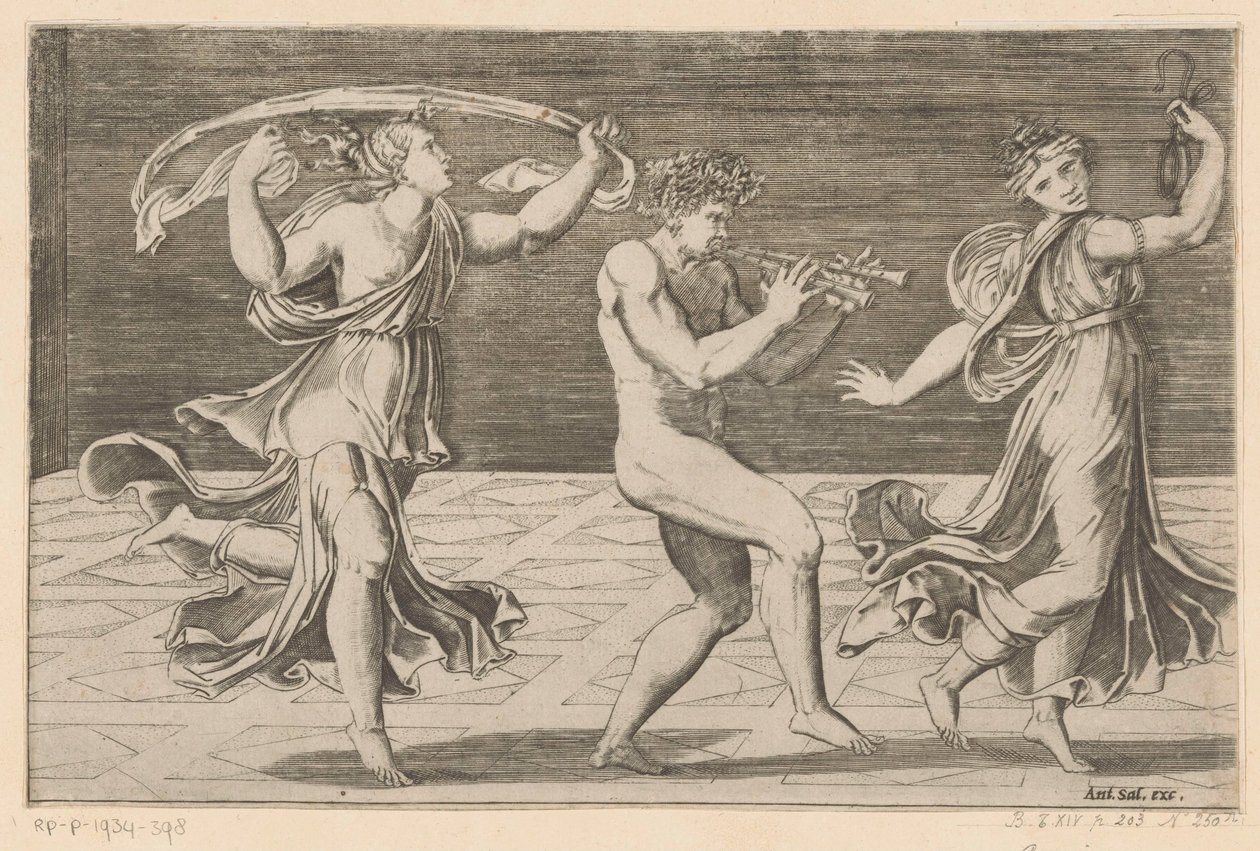 Dansende sater en maenaden door Agostino Veneziano