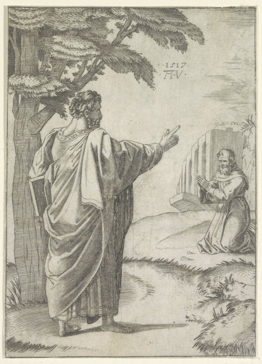 Heilige Paulus en een Franciscaner monnik door Agostino Veneziano