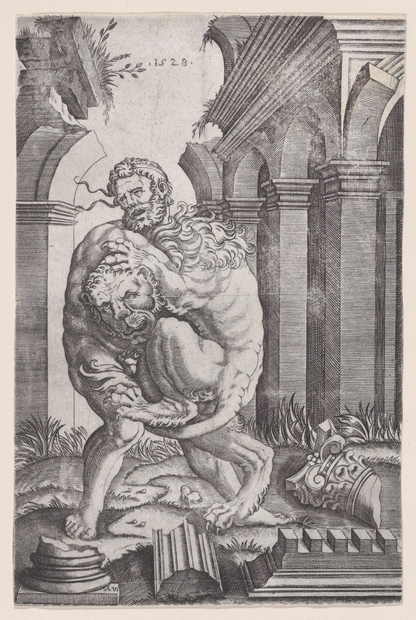 Hercules Wurgt de Nemeïsche Leeuw, gedateerd 1528 door Agostino Veneziano