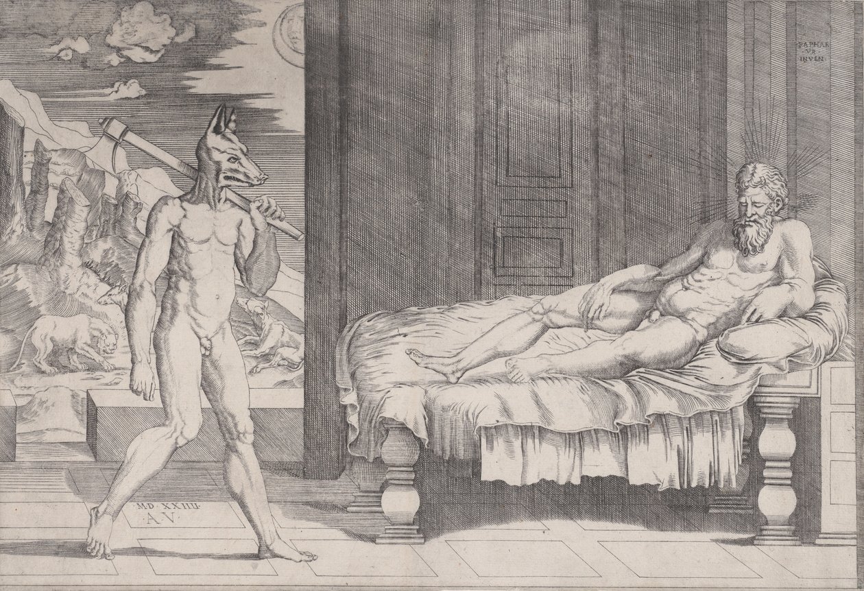 Lycaon Veranderd in een Wolf, gedateerd 1524 door Agostino Veneziano