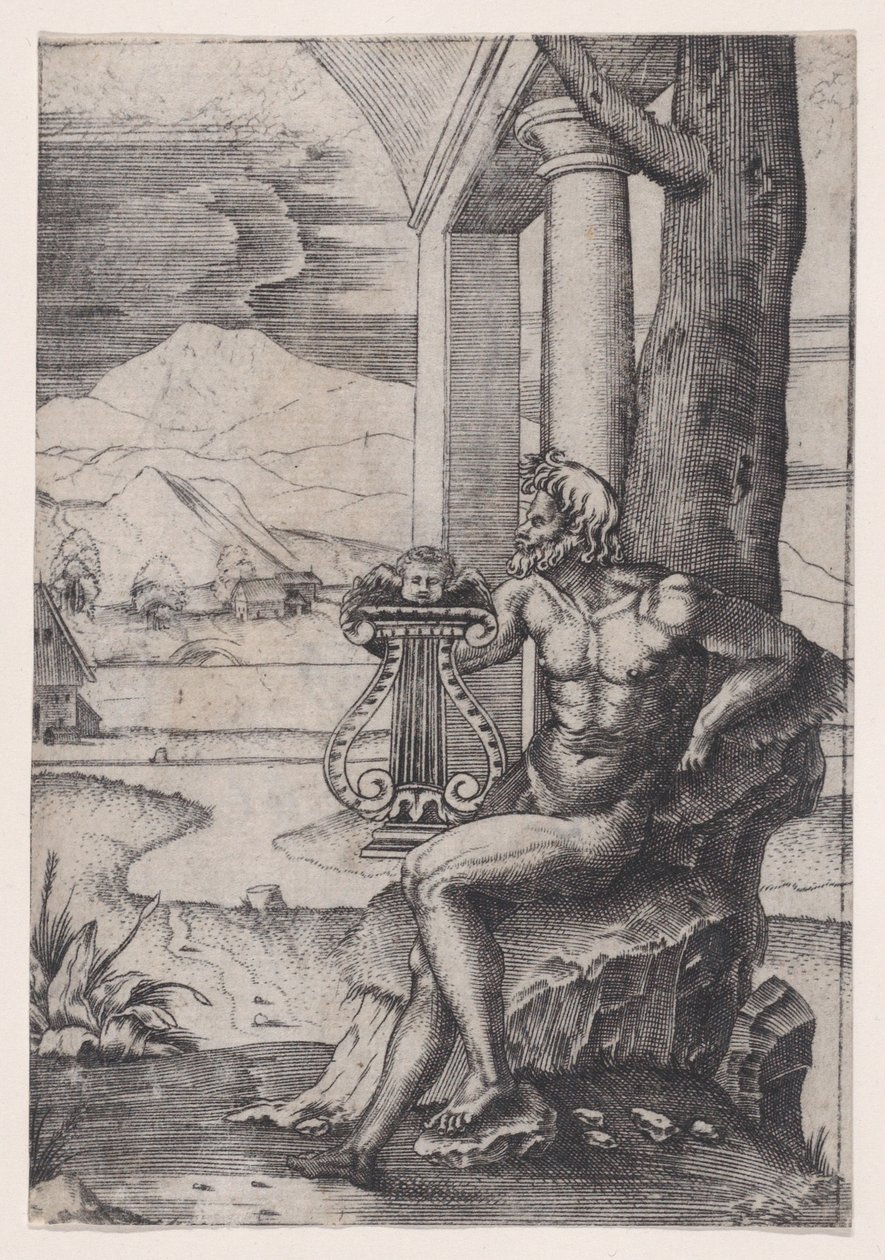 Man met een lier, ca. 1514-36 door Agostino Veneziano
