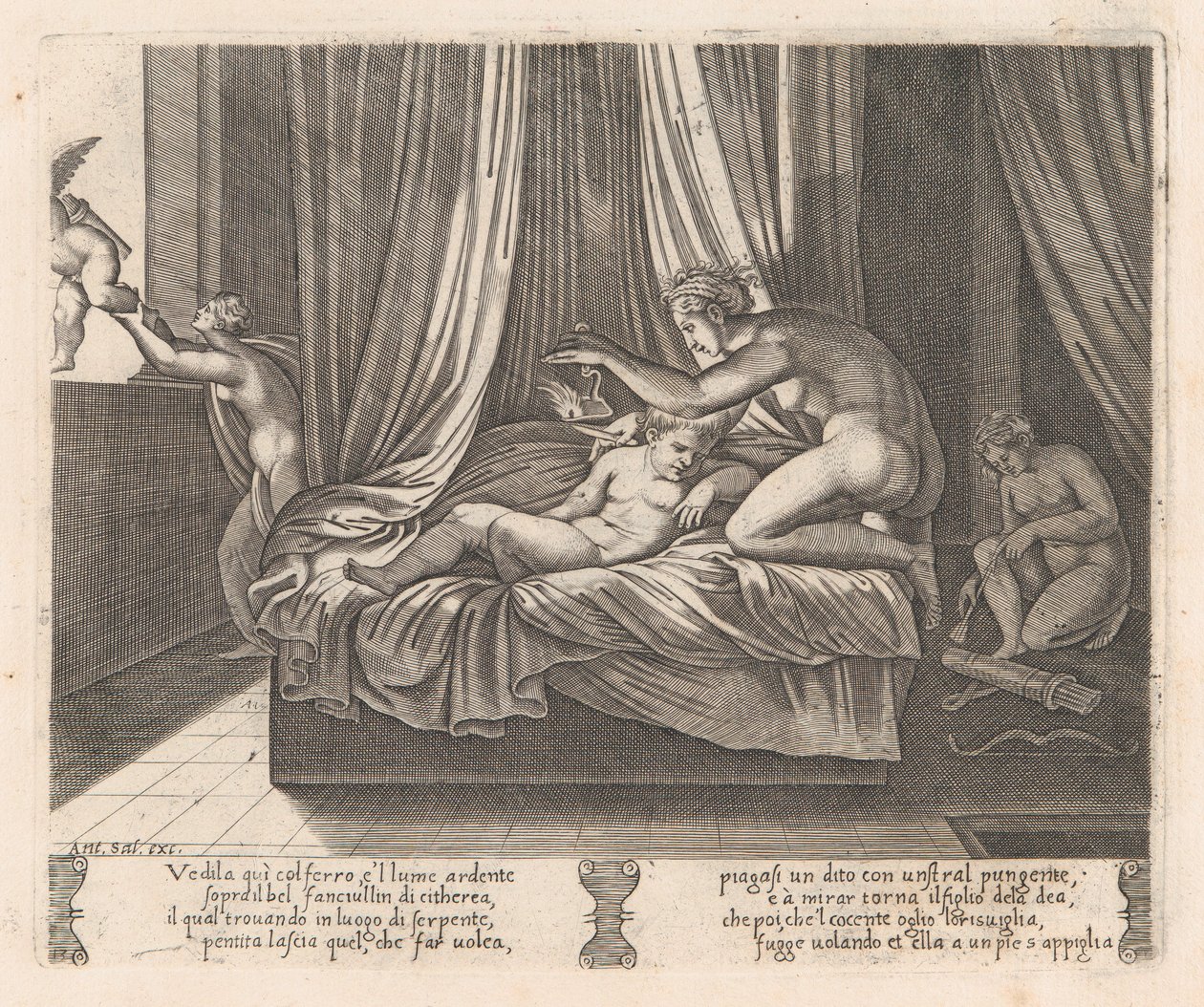 Psyche kijkt naar Cupido, uit het verhaal van Cupido en Psyche zoals verteld door Apuleius, 1530-60 door Agostino Veneziano