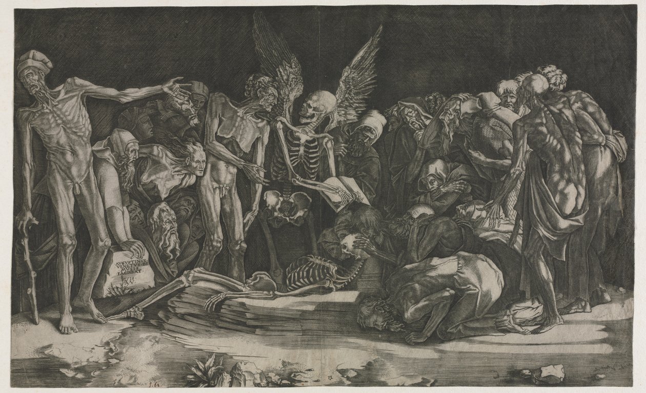 Skeletten, ook bekend als Allegorie van de Dood en Roem door Agostino Veneziano