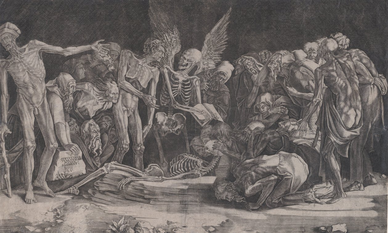 Skeletten, gedateerd 1518 door Agostino Veneziano
