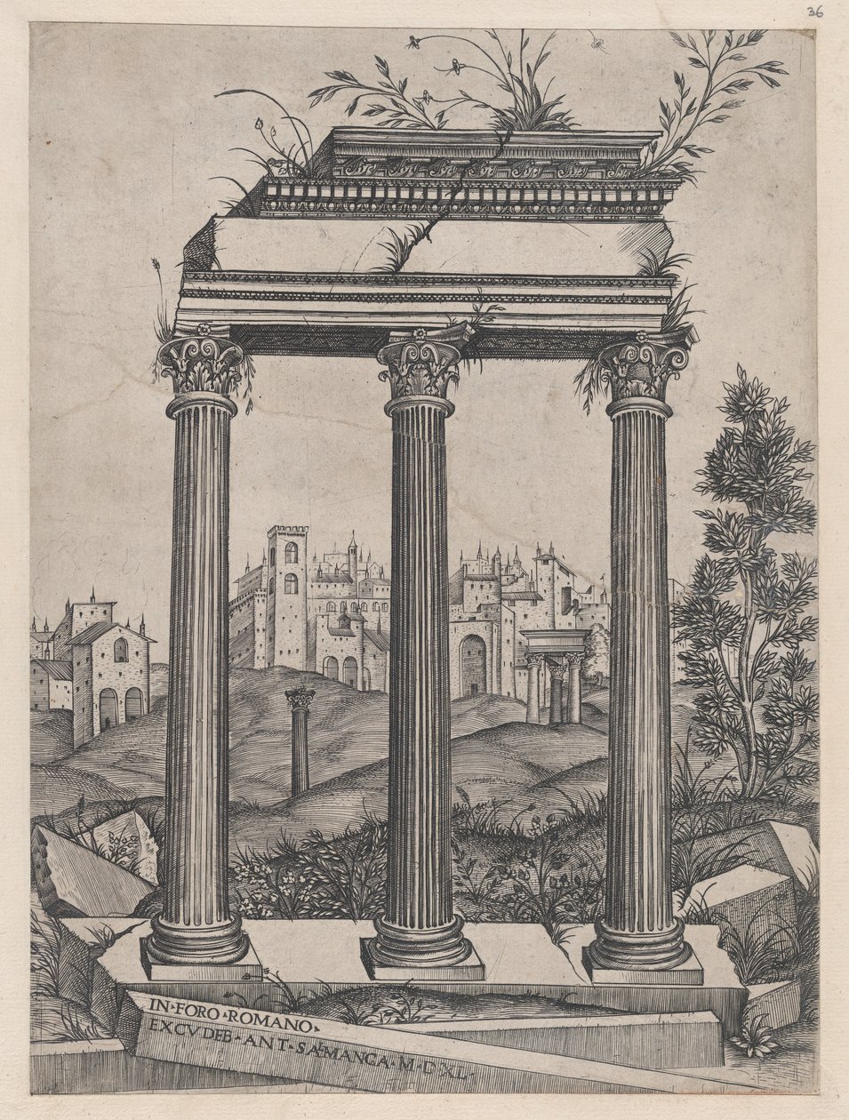 Speculum Romanae Magnificentiae: Tempel van Antoninus en Faustina door Agostino Veneziano.