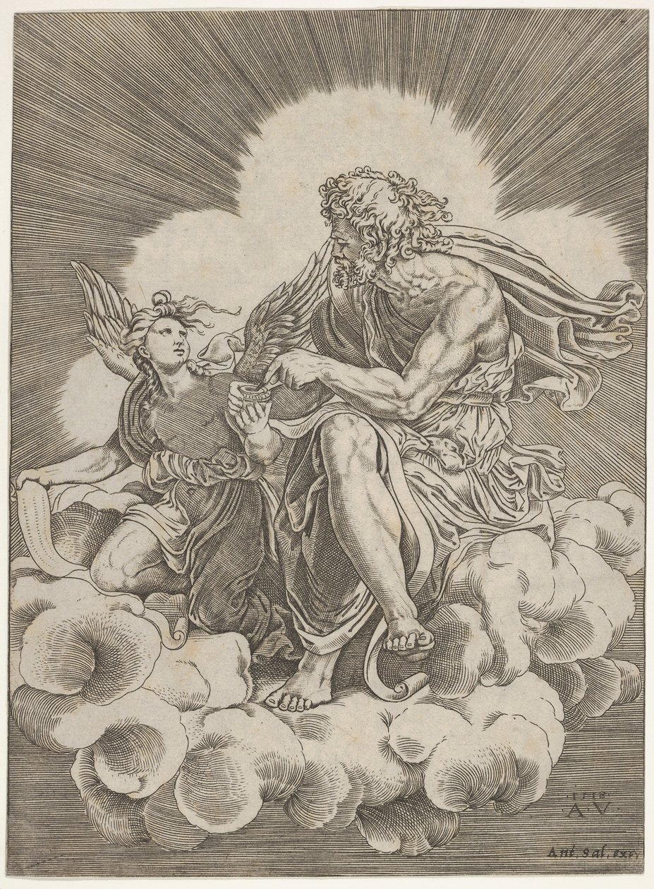 Sint Mattheüs, zittend op een wolk en een pen in een inktpot doopt, vastgehouden door een engel... door Agostino Veneziano