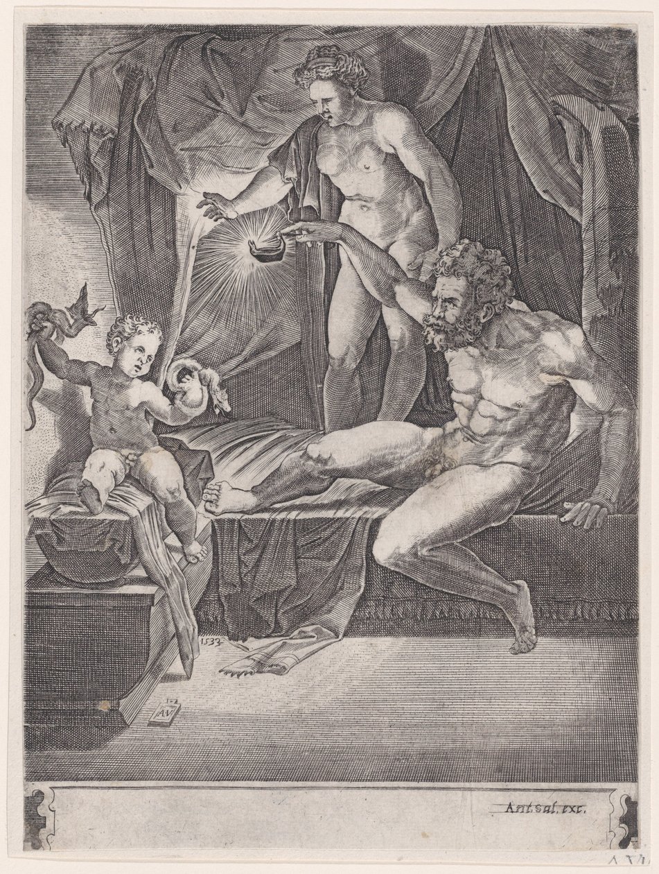 De jonge Hercules in zijn wieg door Agostino Veneziano