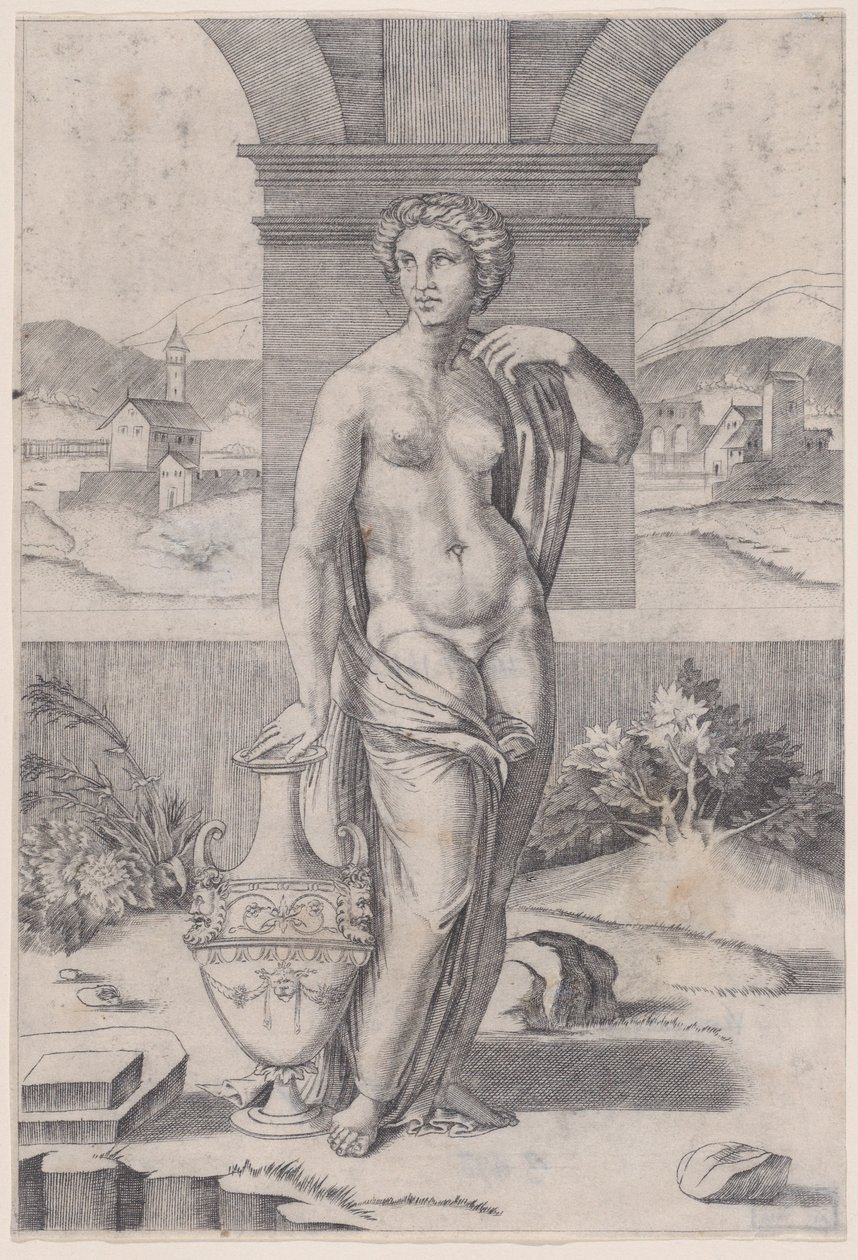 Vrouw die bij een vaas staat, ca. 1514-36 door Agostino Veneziano