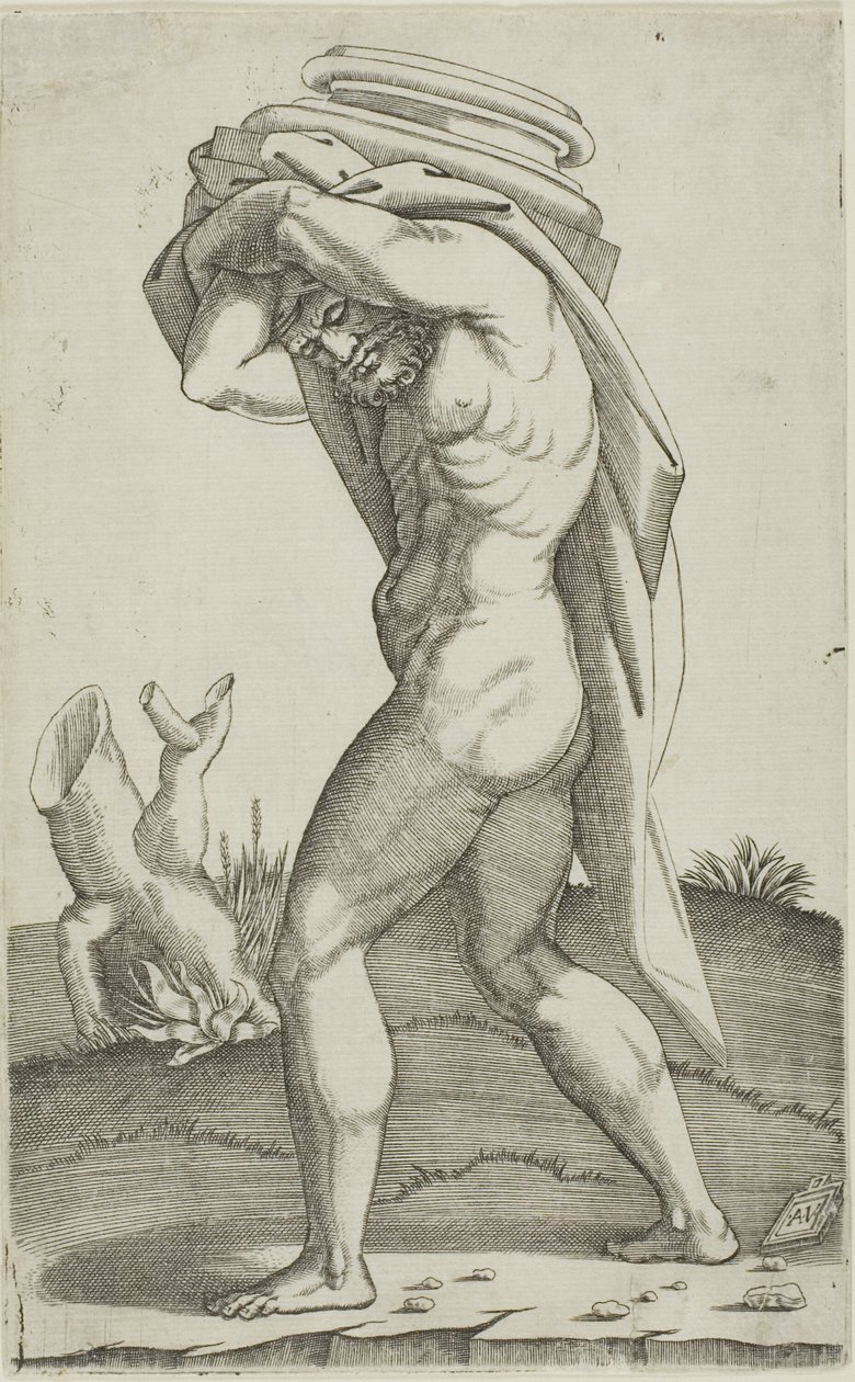 Man die de basis van een zuil draagt door Agostino dei Musi