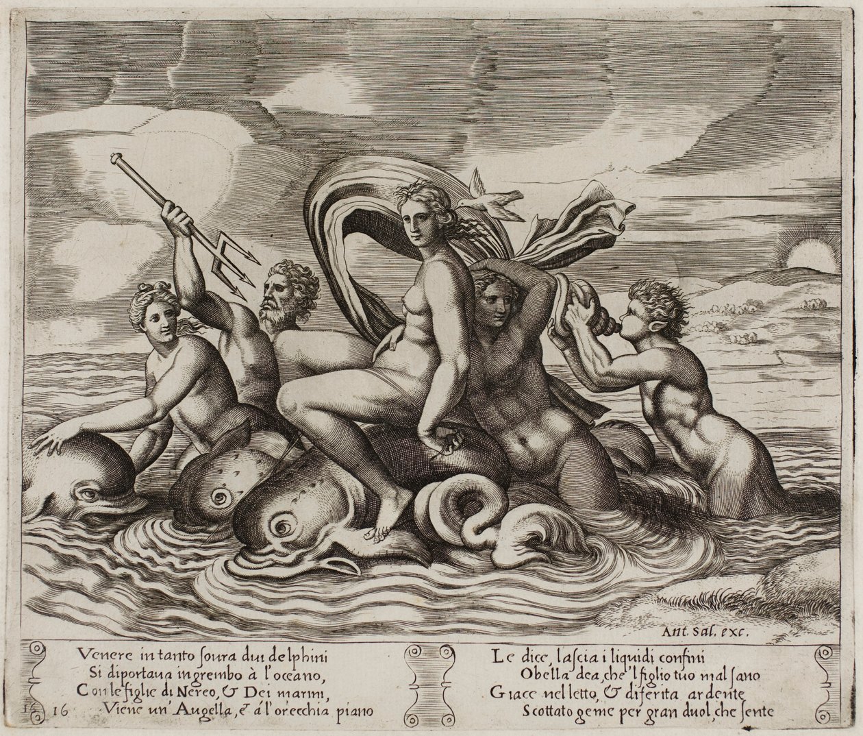 Psyche bediend in haar bad door nimfen die ze niet kan zien door Agostino dei Musi