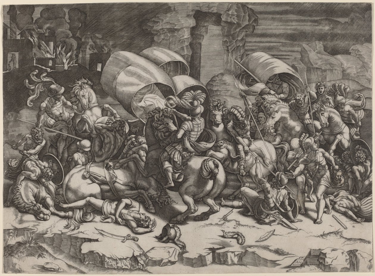 Het gevecht met de sabel door Agostino dei Musi, after Giulio Romano