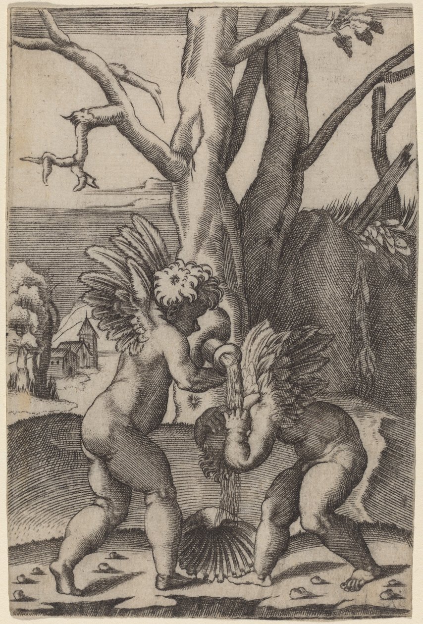 Twee Liefdes door Agostino dei Musi after Raphael