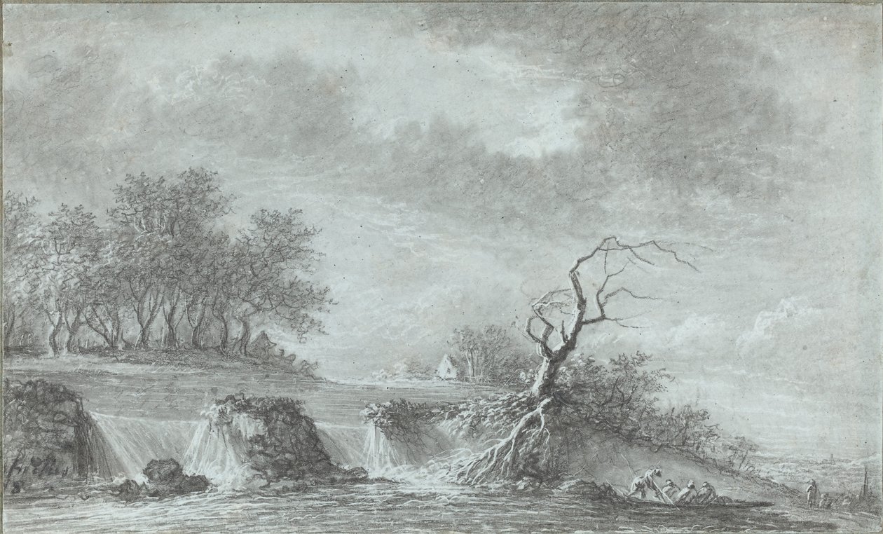 Rivierlandschap met een waterval door Aignan Thomas Desfriches